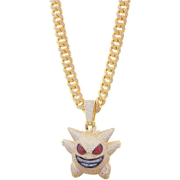GENGAR Pokemon Link Chain 18K Gold Plated Jewelry Thick Cuban Necklace Men NWT - Picture 3 of 5